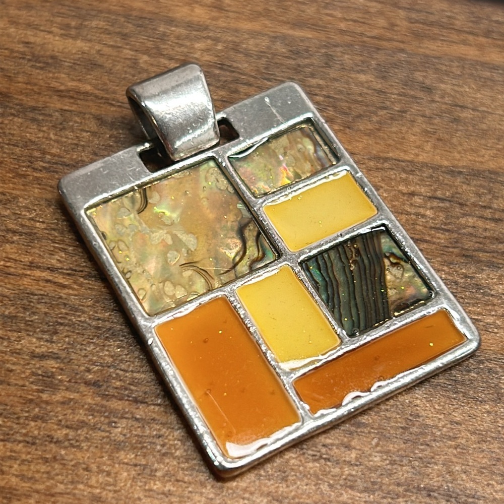 Vintage Mosaic Enamel Art Multicoloured Pendant With Silver Coloured Backing